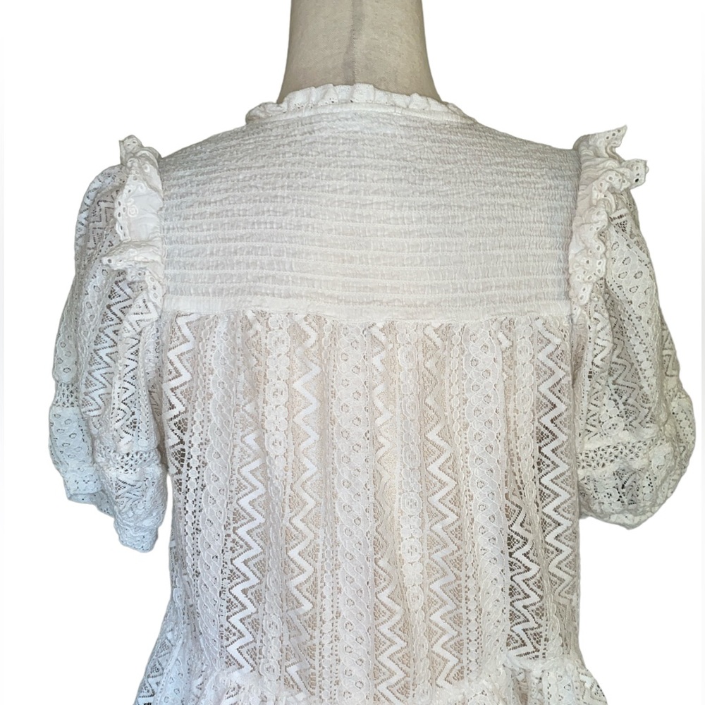 Mango MNG White Eyelet Lace Smocked Ruffle Tie Front Tassel Cropped Blouse - XS - Picture 7 of 9